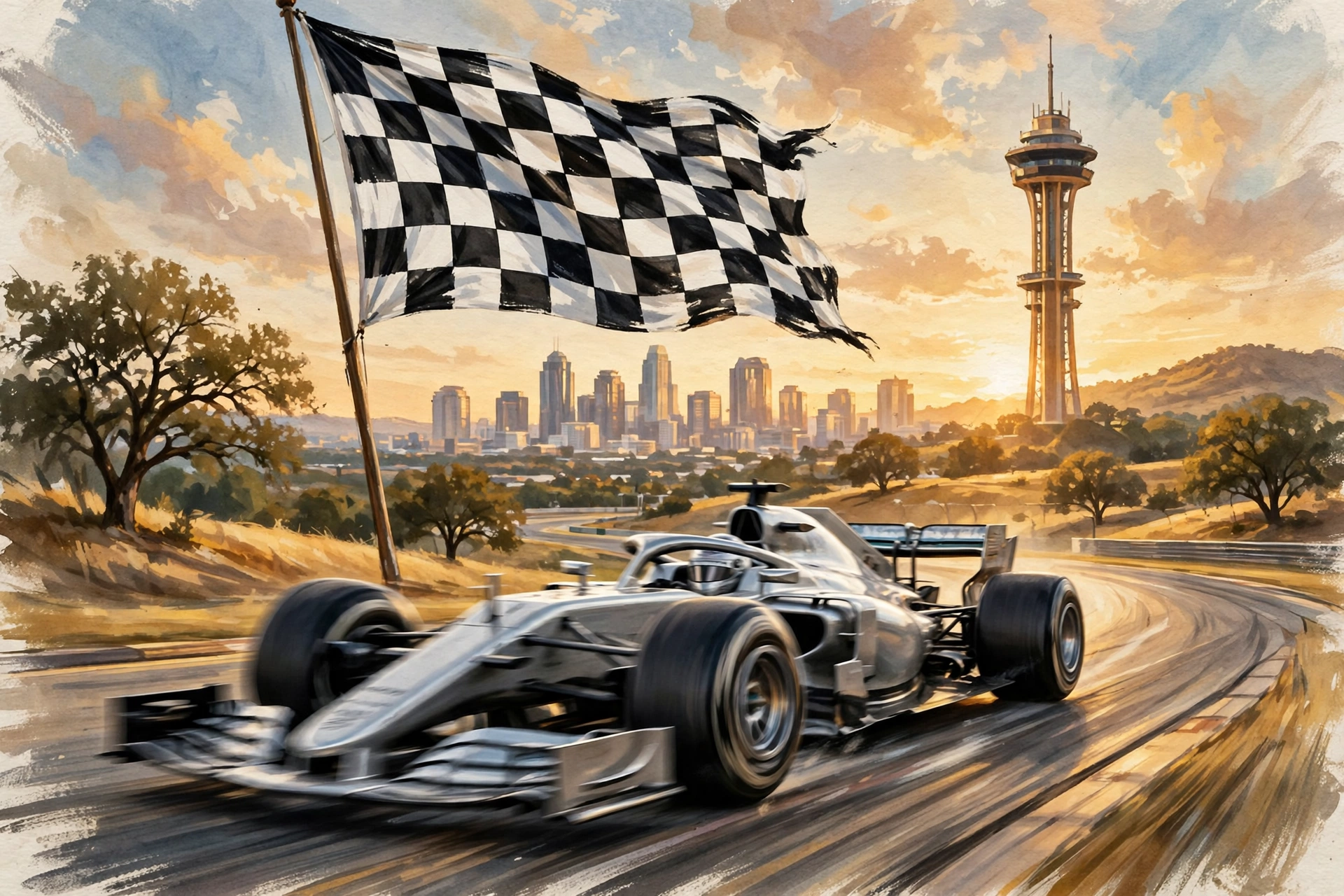 AI-generated illustration of a silver Formula 1 car crossing the finish line under a chequered flag at a Texan circuit at golden hour, with Austin's skyline behind