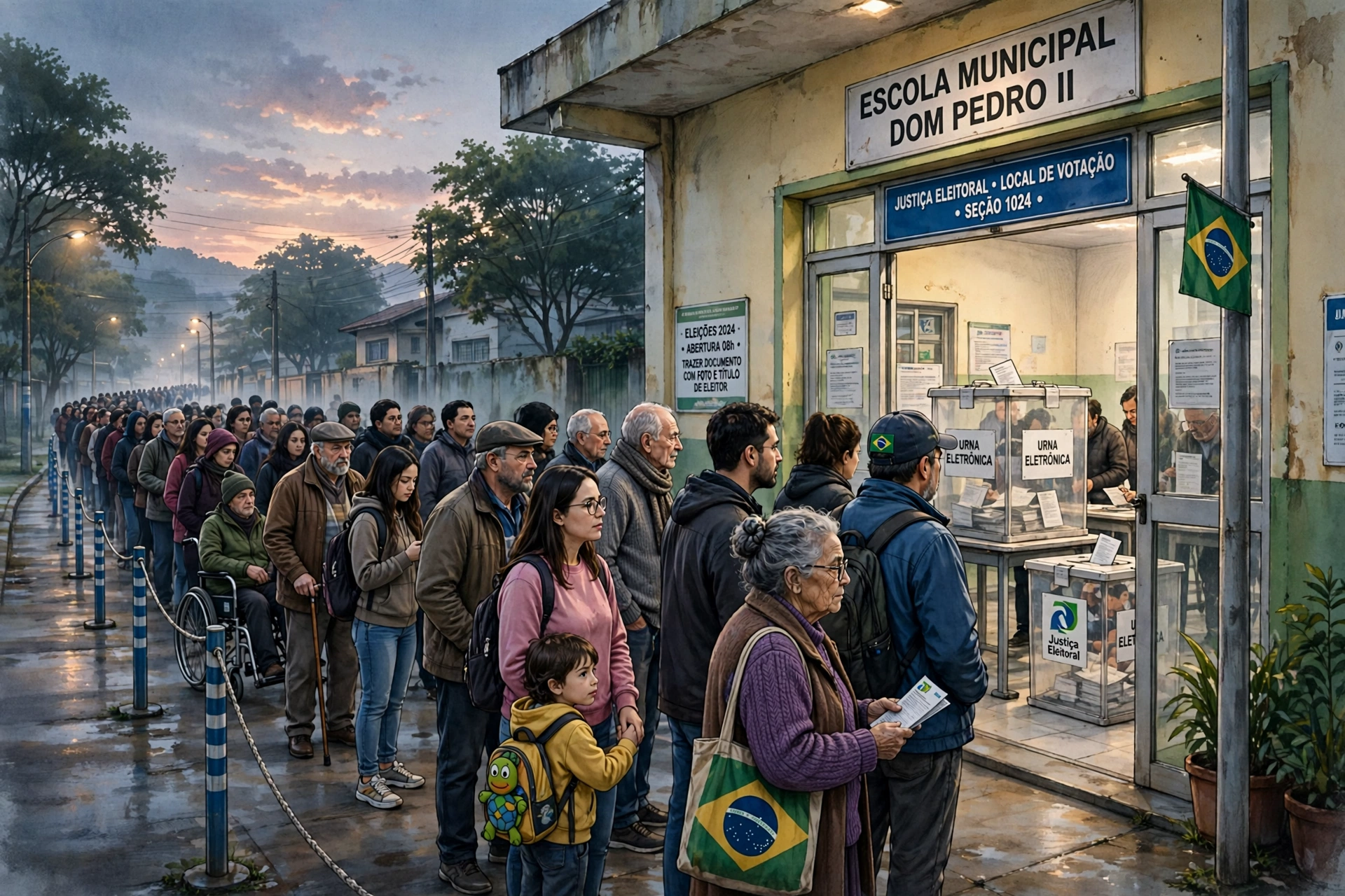 AI-generated illustration of long queues of voters outside a polling station in Brazil at dawn, people of all ages waiting patiently with ballot boxes visible through the doorway