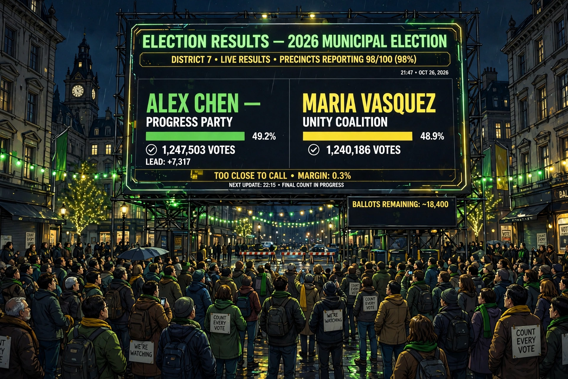 AI-generated illustration of a giant electronic election results board in a city square showing a close two-way race, crowds watching tensely below under green and yellow lights