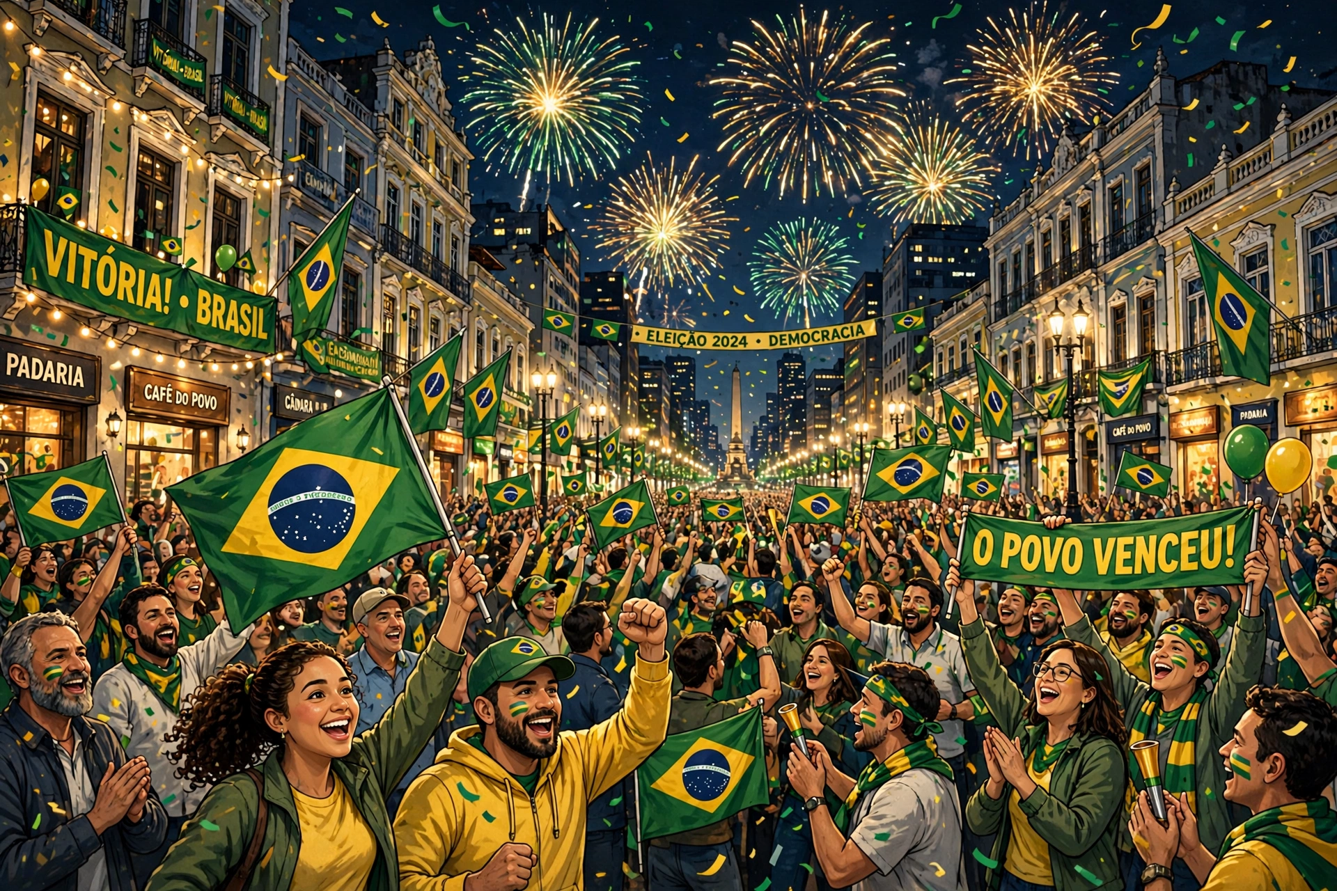 AI-generated illustration of a jubilant crowd waving Brazilian green-and-yellow flags in a city avenue at night after an election victory, fireworks in the sky