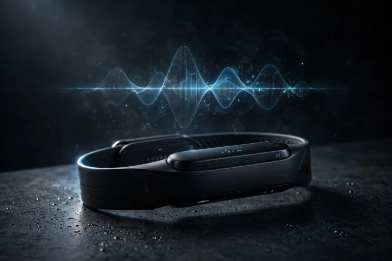 Black AI wristband wearable device with glowing blue sound waves above it on a dark table