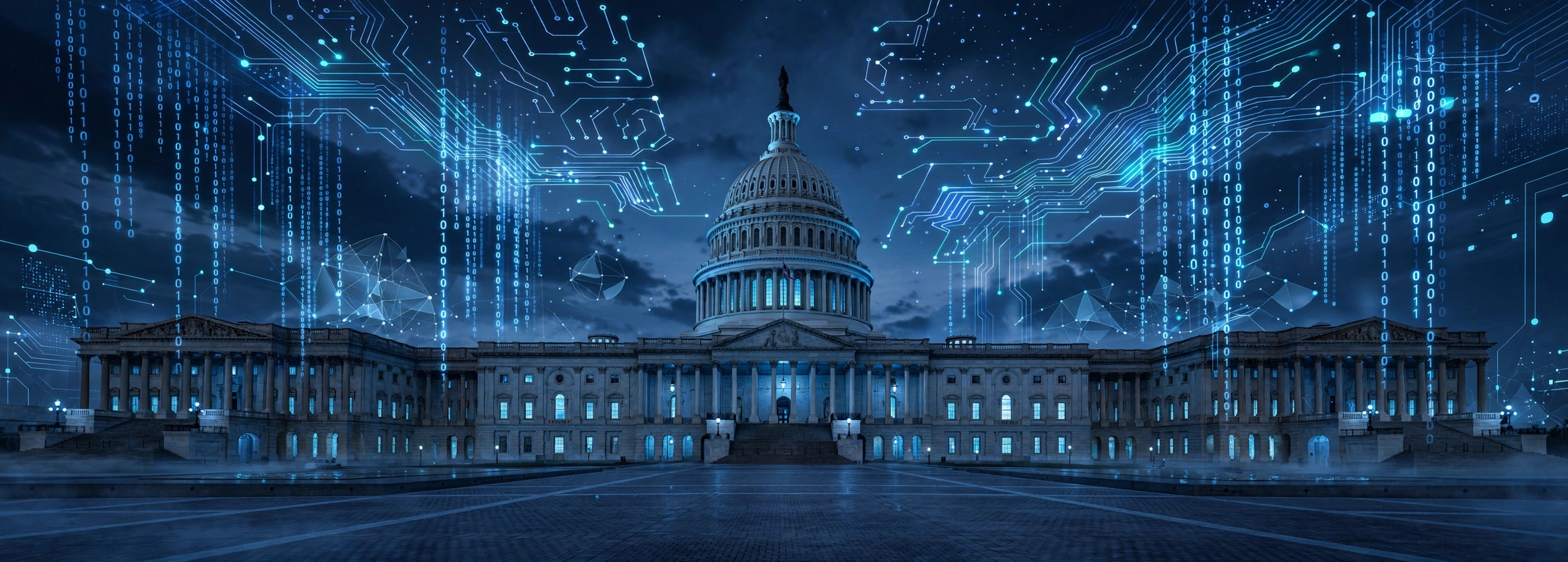 United States Capitol building at dusk with glowing digital circuit patterns in the sky