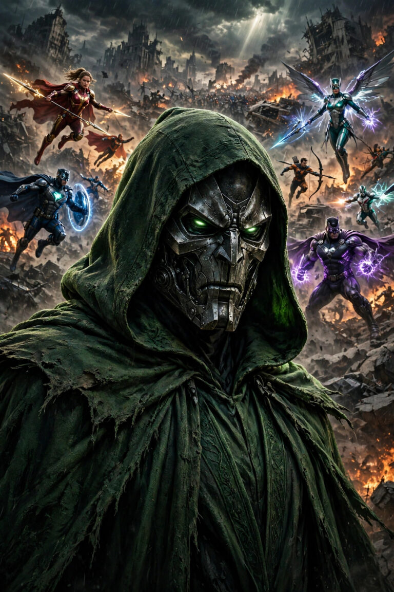 AI illustration of a masked villain in a green hooded cloak and metal mask standing before superheroes battling in a burning city.