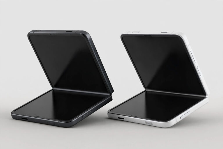 AI illustration of two foldable smartphones in dark and white finishes, half-open on a clean studio background.