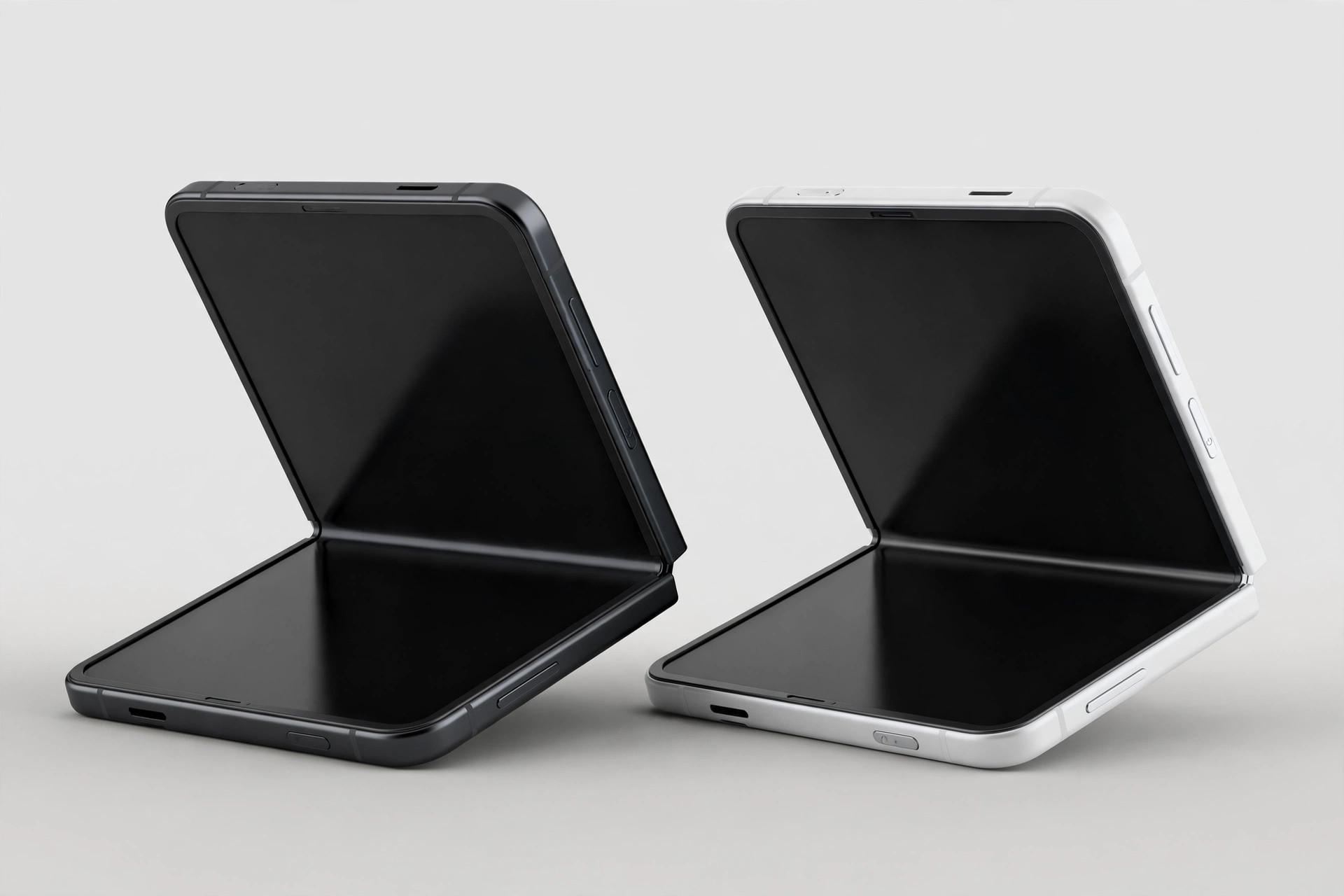 AI illustration of two foldable smartphones in dark and white finishes, half-open on a clean studio background.
