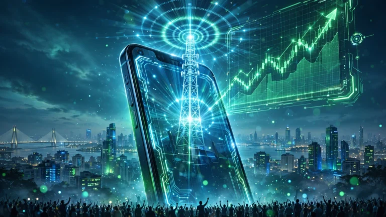 AI-generated concept art of a rising stock market chart and smartphone showing the Jio IPO opening on the Bombay Stock Exchange