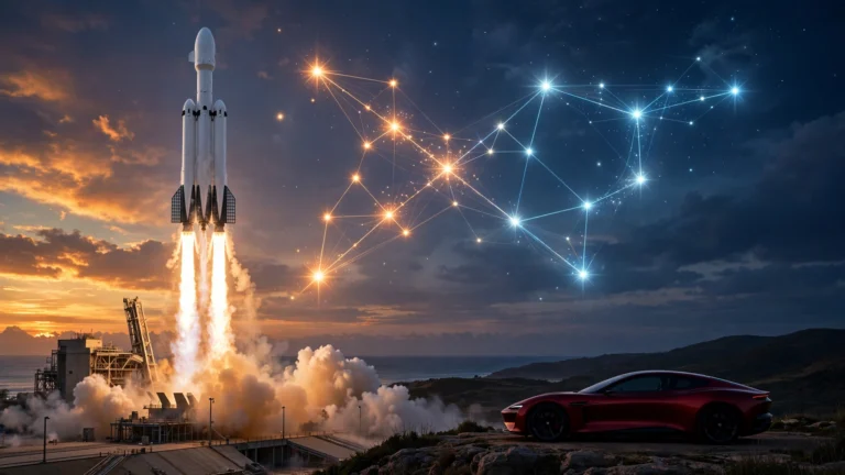 AI-generated concept art of a SpaceX rocket launching behind a red Tesla car, symbolising a possible SpaceX–Tesla merger