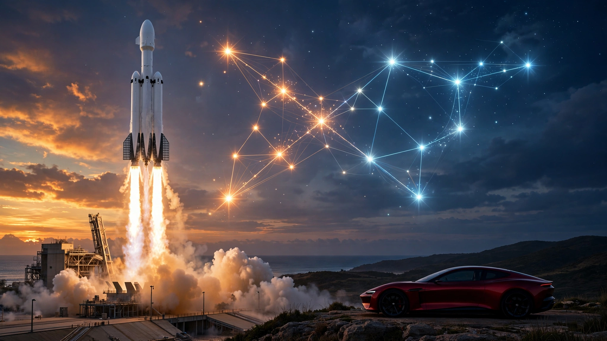 AI-generated concept art of a SpaceX rocket launching behind a red Tesla car, symbolising a possible SpaceX–Tesla merger