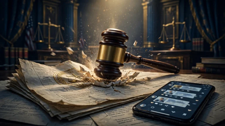 AI-generated concept art of a judge's gavel striking legal documents beside a smartphone showing a social media feed, symbolising Meta's $25 billion privacy penalty