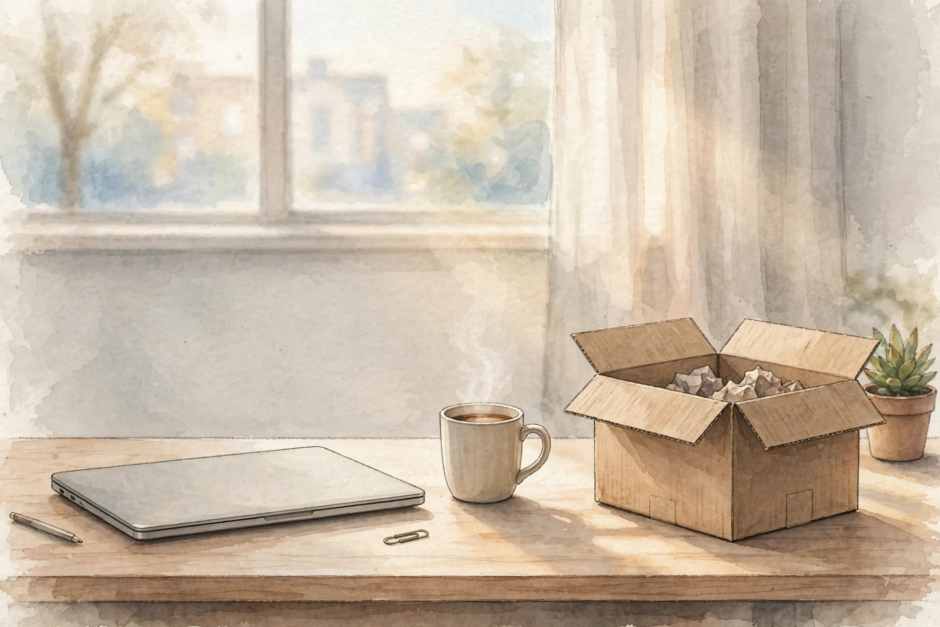 AI-generated illustration of a laptop on an empty office desk beside a cardboard moving box, symbolising a voluntary workplace departure