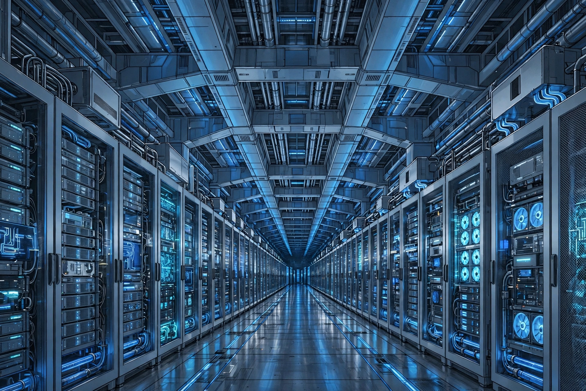 AI-generated illustration of a vast data centre corridor with rows of glowing server racks, symbolising heavy AI infrastructure investment
