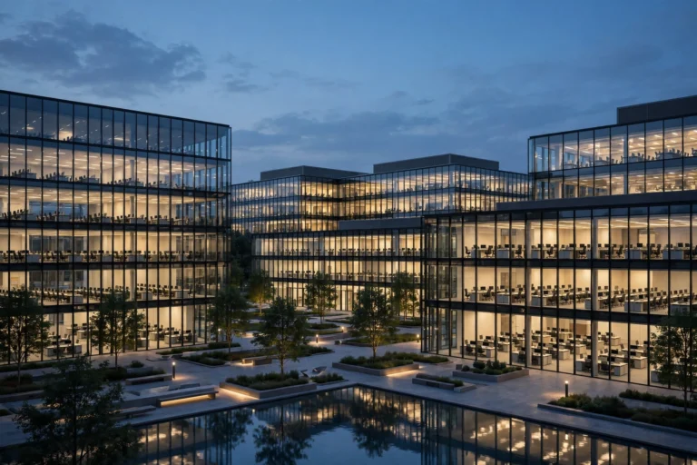 AI-generated illustration of a modern glass corporate office campus at dusk with rows of empty desks visible through lit windows
