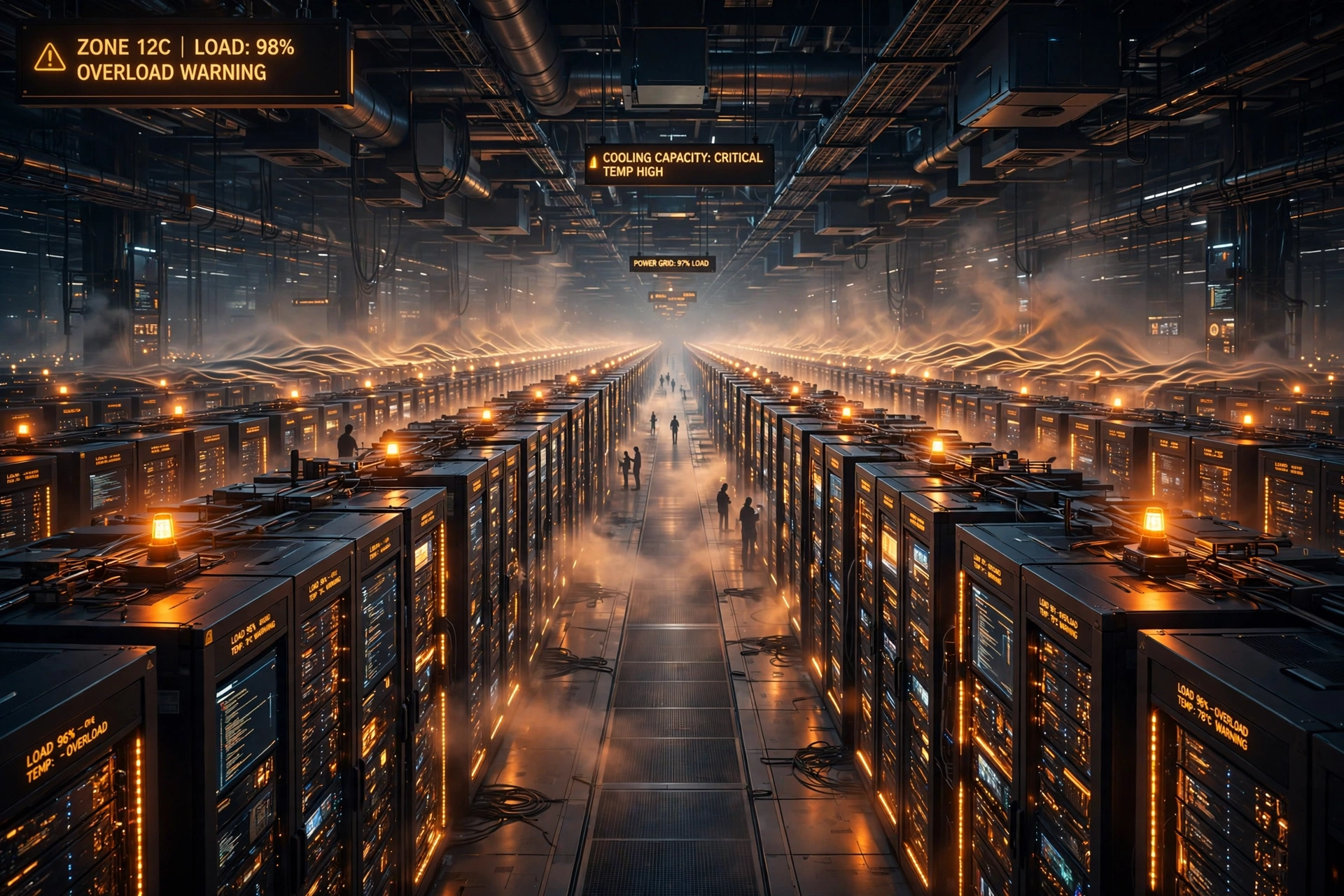 AI-generated illustration of rows of glowing AI data-centre server racks stretching into the distance with amber overload lights and small technician silhouettes