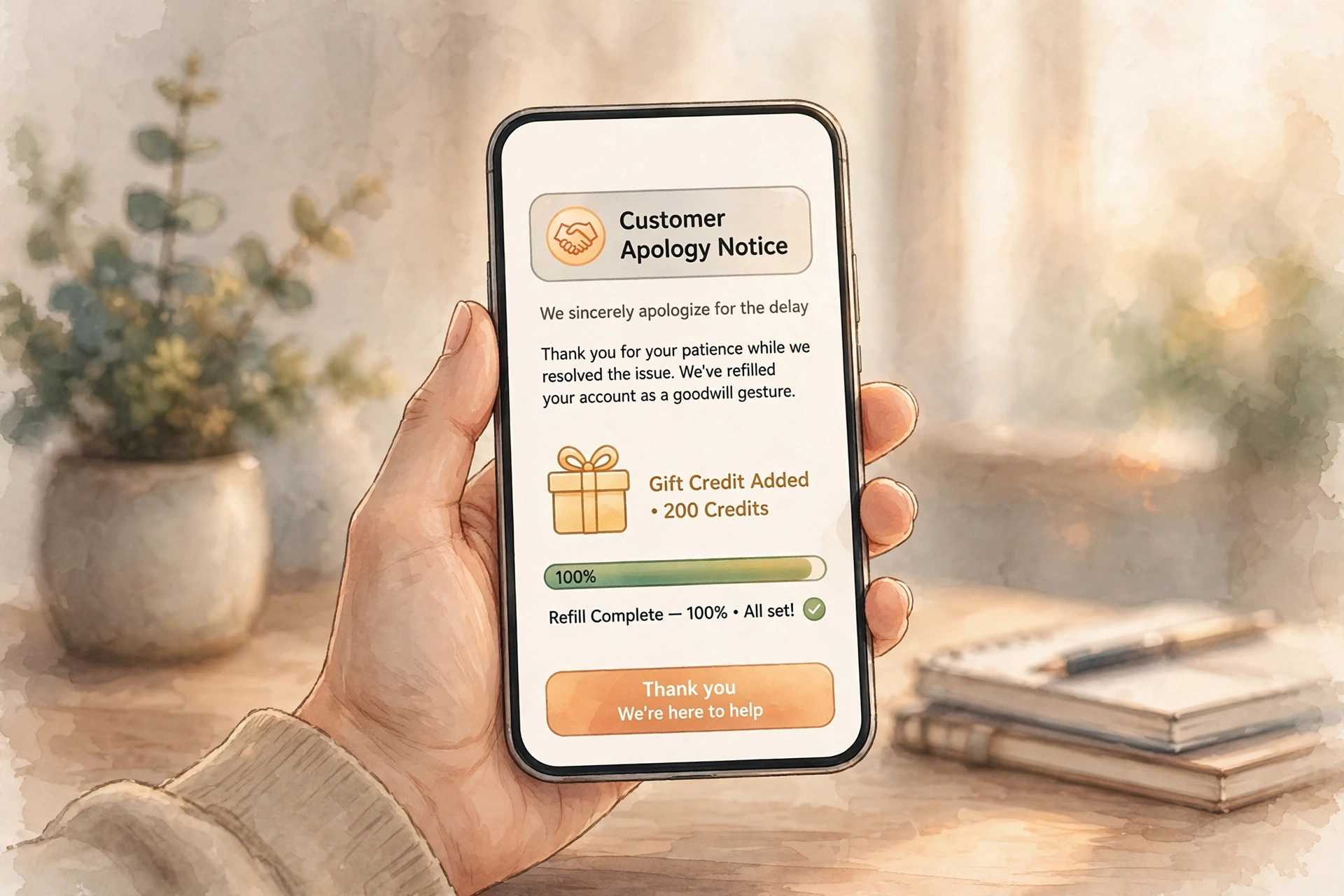 AI-generated illustration of a hand holding a phone displaying a customer apology notice with a gift box and a refilled progress bar, warm office light in the background