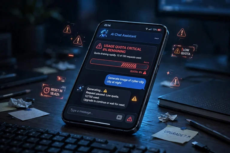AI-generated illustration of a smartphone showing an AI chat assistant interface with a usage quota meter draining in red, warning icons around it on a dark desk