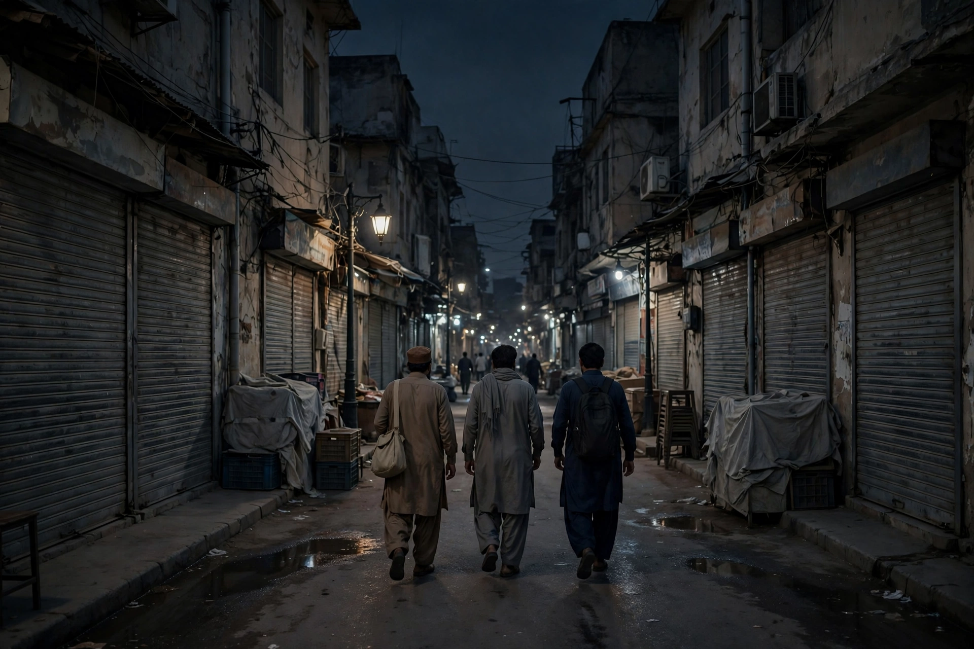 AI-generated illustration of a Pakistani commercial market street at night with shop shutters closing, illustrating the 9pm market closure under the austerity drive