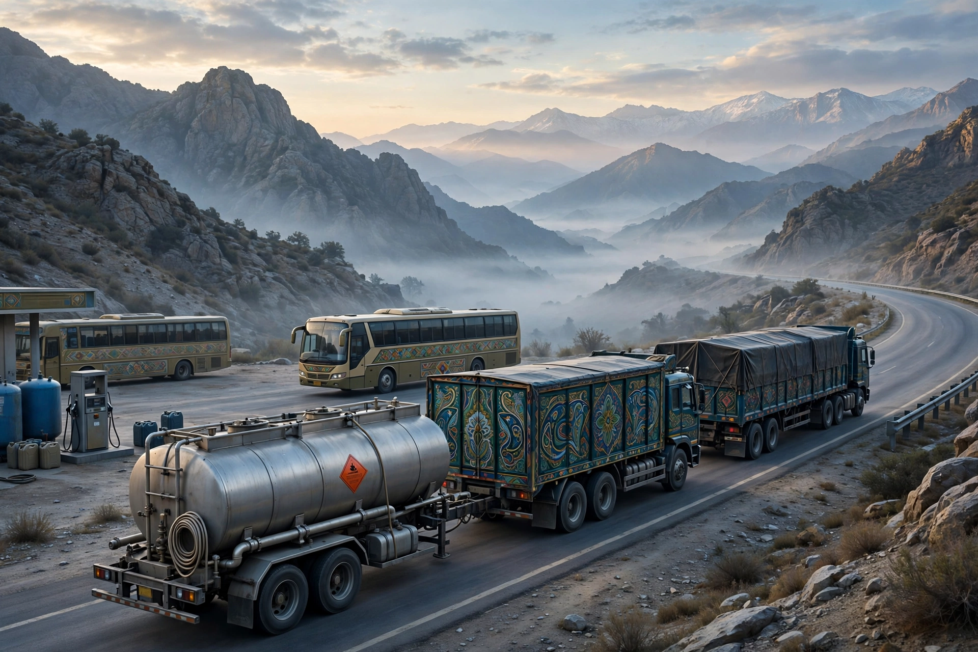 AI-generated illustration of heavy transport trucks and buses on a Pakistani highway at dawn, illustrating high-speed diesel use in transport