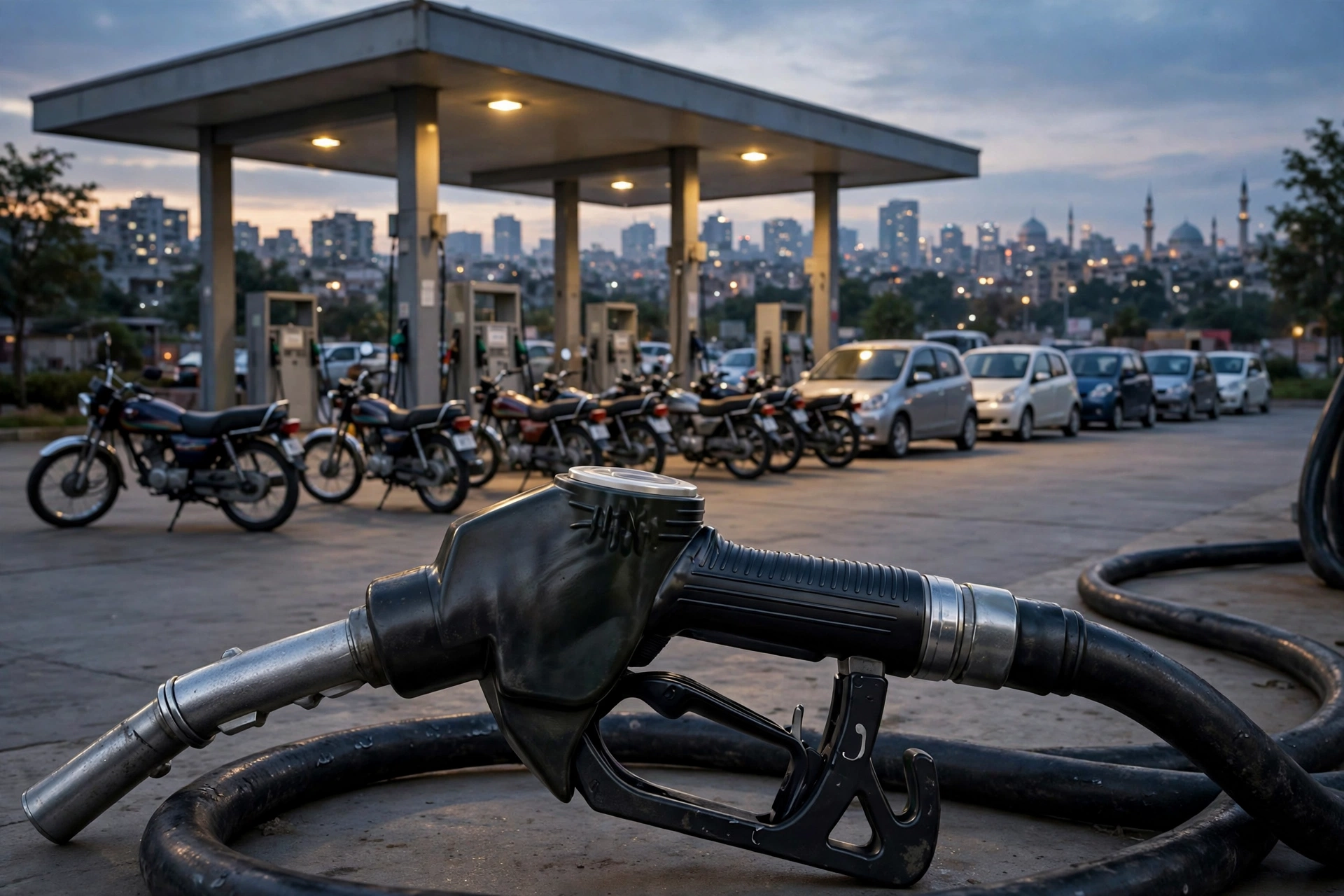 AI-generated illustration of a petrol pump station in Pakistan at evening with motorbikes and small cars queueing and a fuel nozzle in the foreground