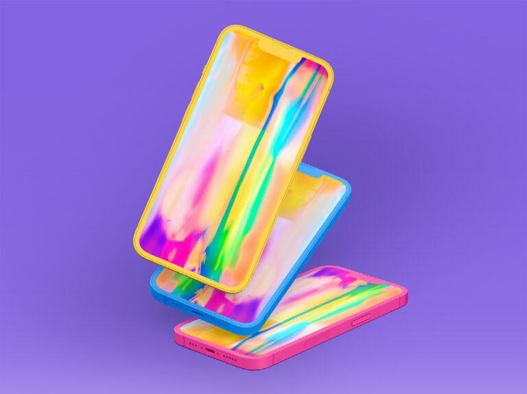Three colourful smartphones with bright abstract wallpapers stacked on a violet background