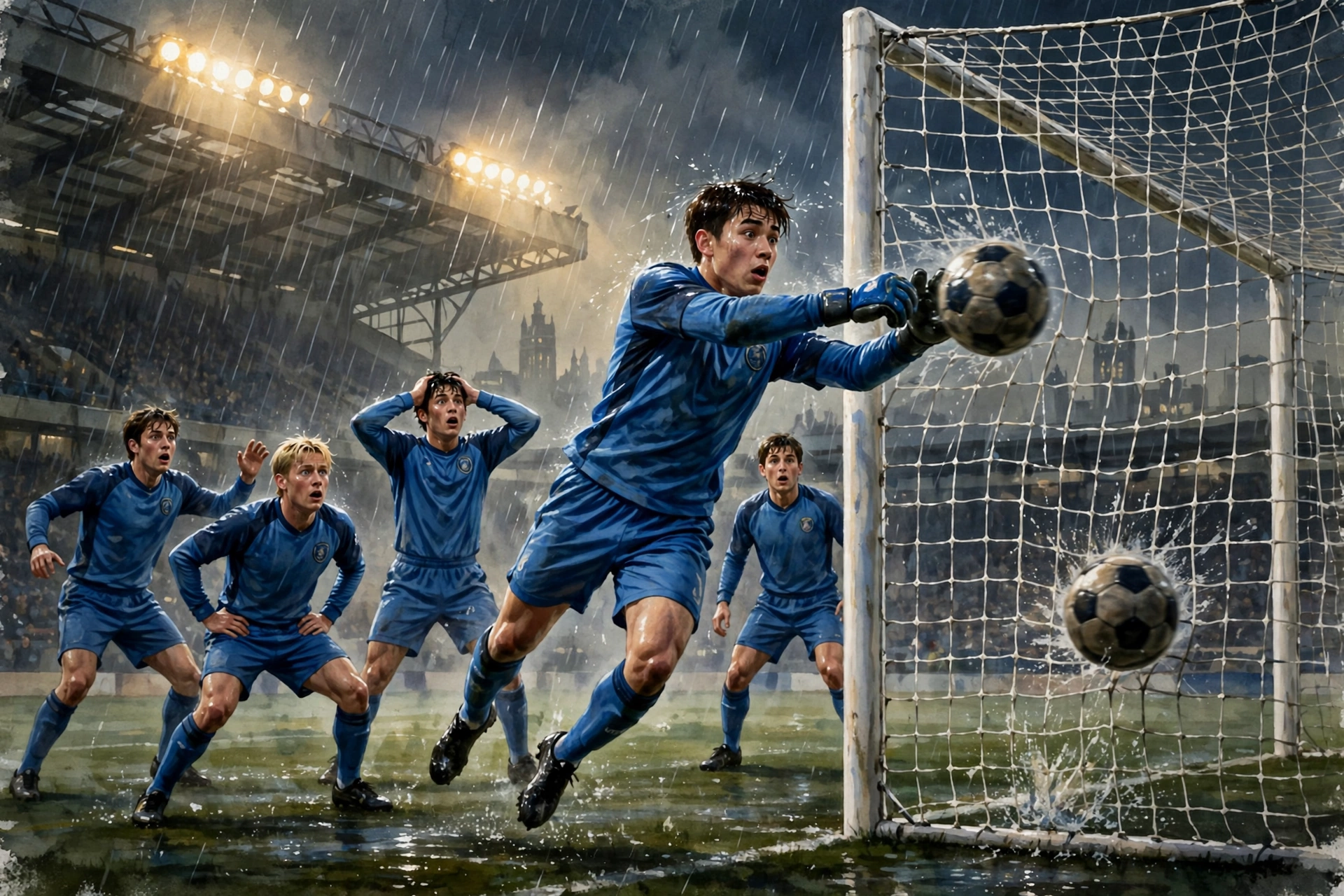AI-generated illustration of a young goalkeeper mistiming a punch from a corner and deflecting the ball into his own net in a rainy London stadium