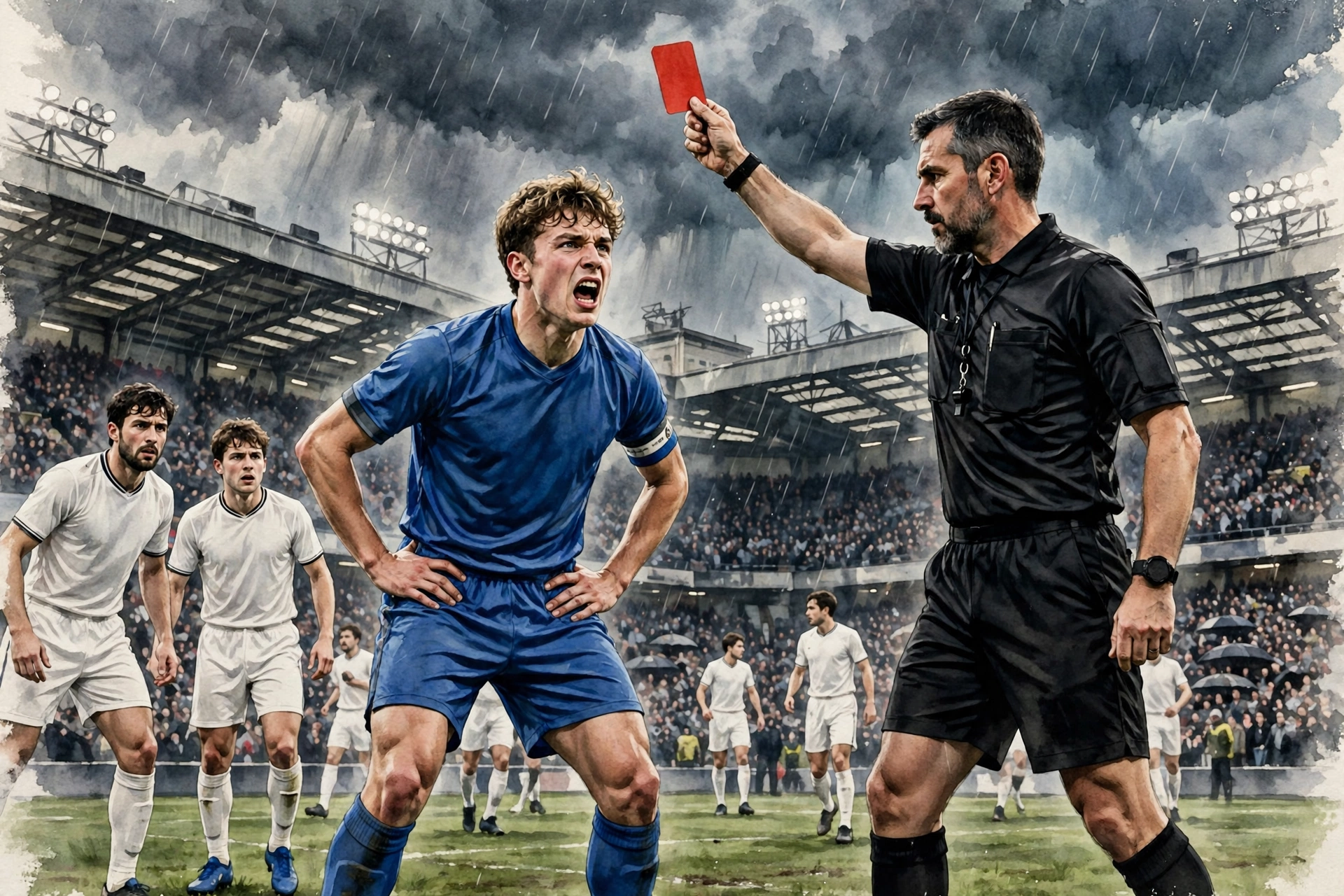 AI-generated illustration of a referee raising a red card toward a frustrated star player during a heated, storm-hit London derby
