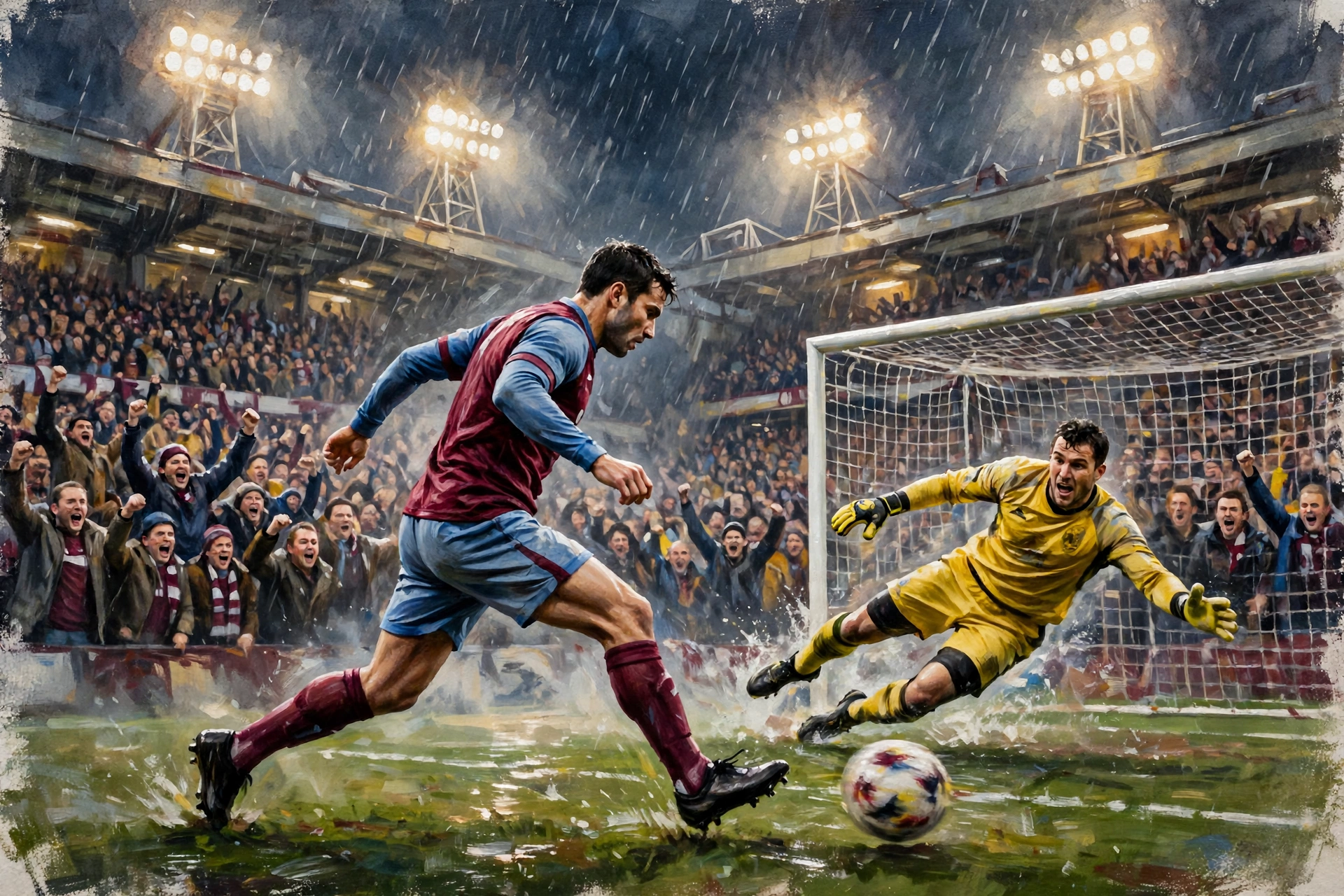 AI-generated illustration of a striker in a claret and blue kit firing a low shot past a diving goalkeeper in a rain-soaked English stadium under floodlights