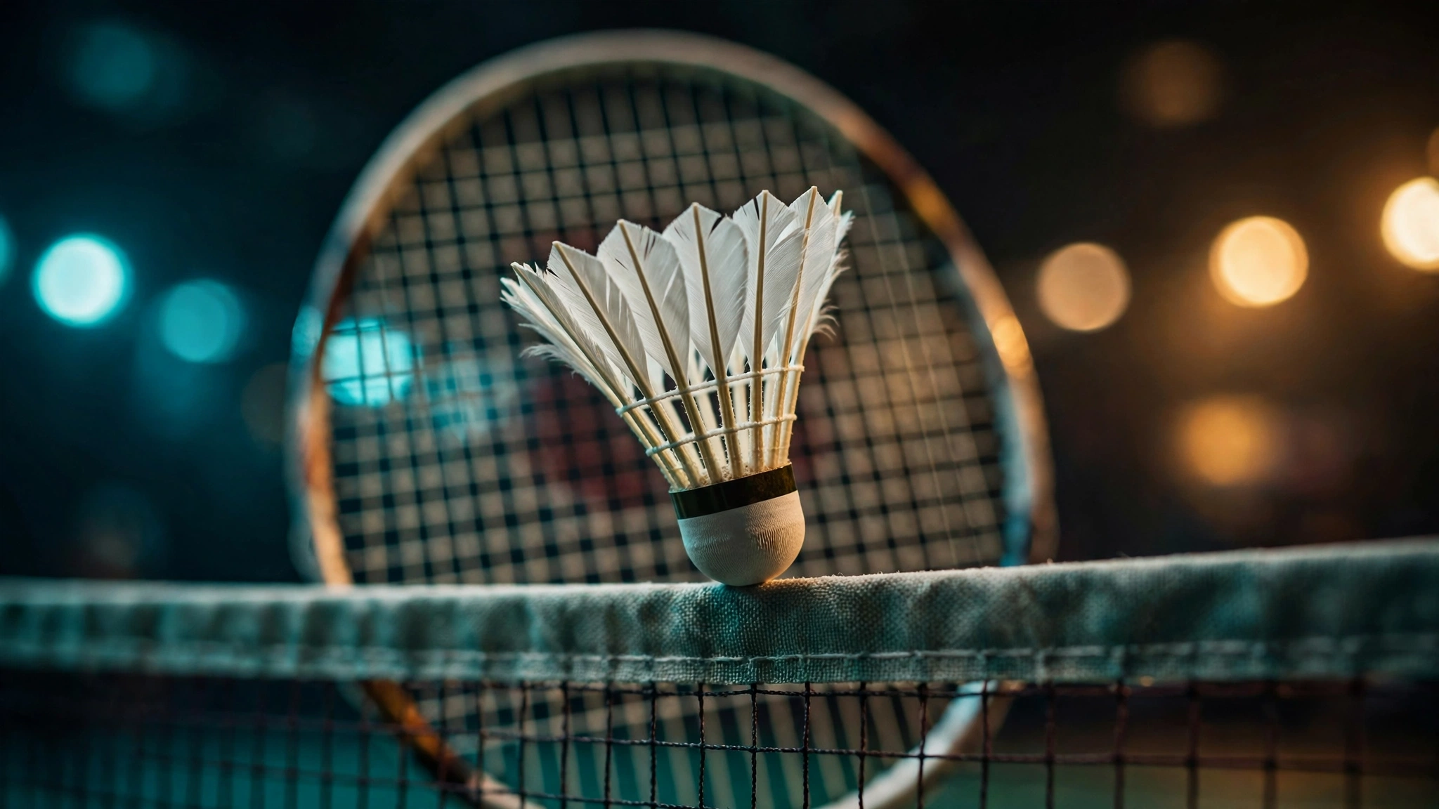 AI-generated close-up illustration of a feather shuttlecock resting on the net tape with a racket blurred behind it
