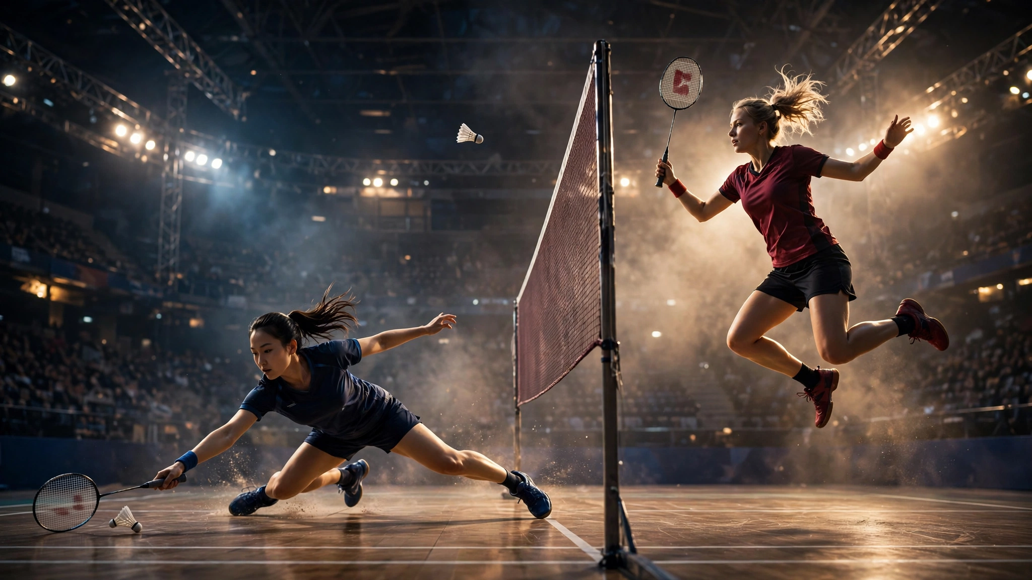 AI-generated illustration of two badminton players stretched in a long rally across the net in a grand indoor arena