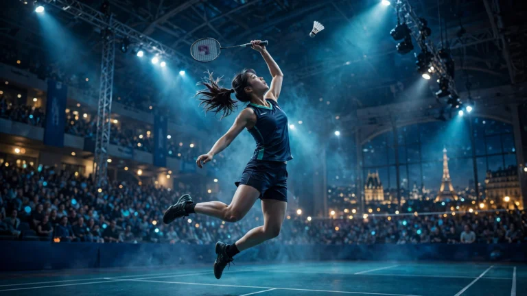 AI-generated illustration of a female badminton player leaping for an overhead smash under arena spotlights at an indoor tournament in Paris