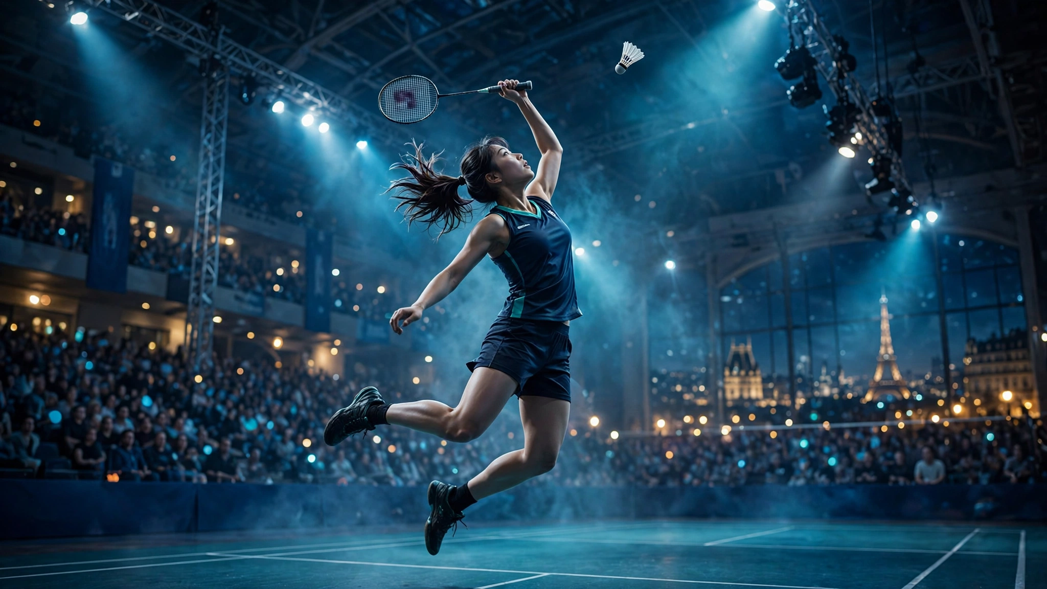 AI-generated illustration of a female badminton player leaping for an overhead smash under arena spotlights at an indoor tournament in Paris