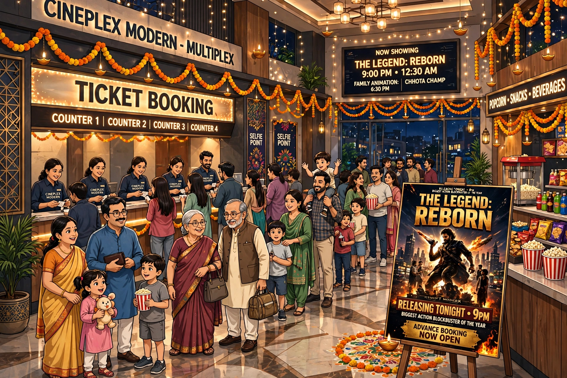 AI-generated illustration of a festive Indian cinema multiplex lobby with long queues of families at ticket counters under warm lights and marigold decorations
