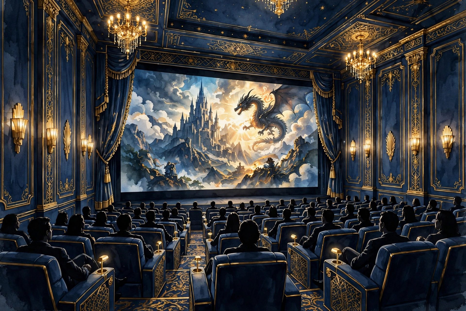 AI-generated illustration of a premium cinema auditorium with wide recliner seats and a giant glowing screen, audience silhouettes