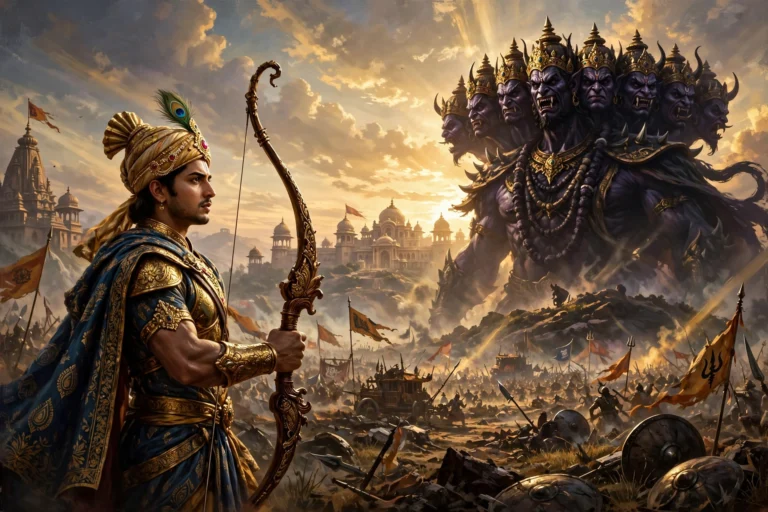 AI-generated epic mythological illustration of a royal archer prince with a great bow facing the towering silhouette of a ten-headed demon king at dawn