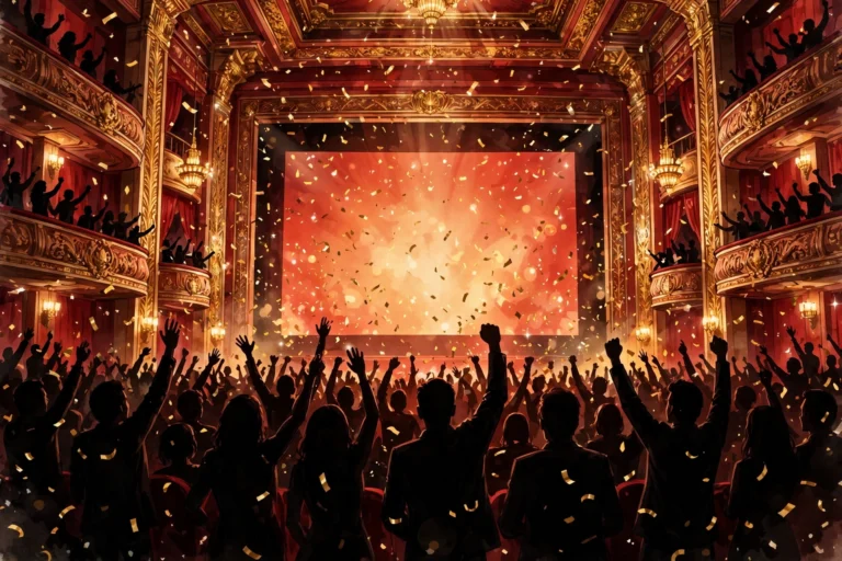 AI-generated illustration of a packed cinema hall celebrating during a superstar film screening, with confetti falling and a giant glowing screen, symbolising the Jailer 2 fan frenzy