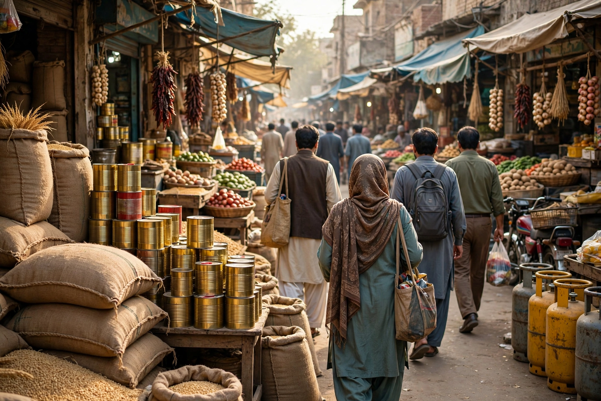 AI-generated illustration of a Pakistani market street with wheat sacks, cooking oil tins and shoppers seen from behind, illustrating food and energy inflation