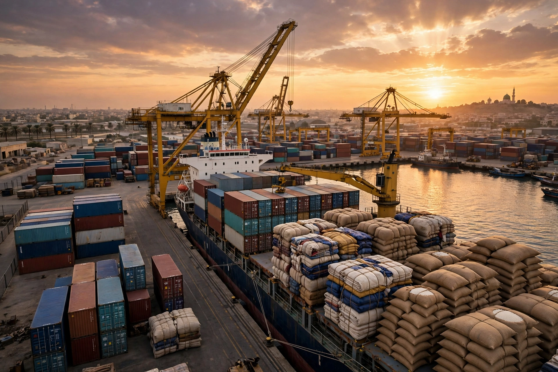 AI-generated illustration of a cargo port with containers and a ship loaded with export goods at sunset in Pakistan, illustrating exports, imports and remittances
