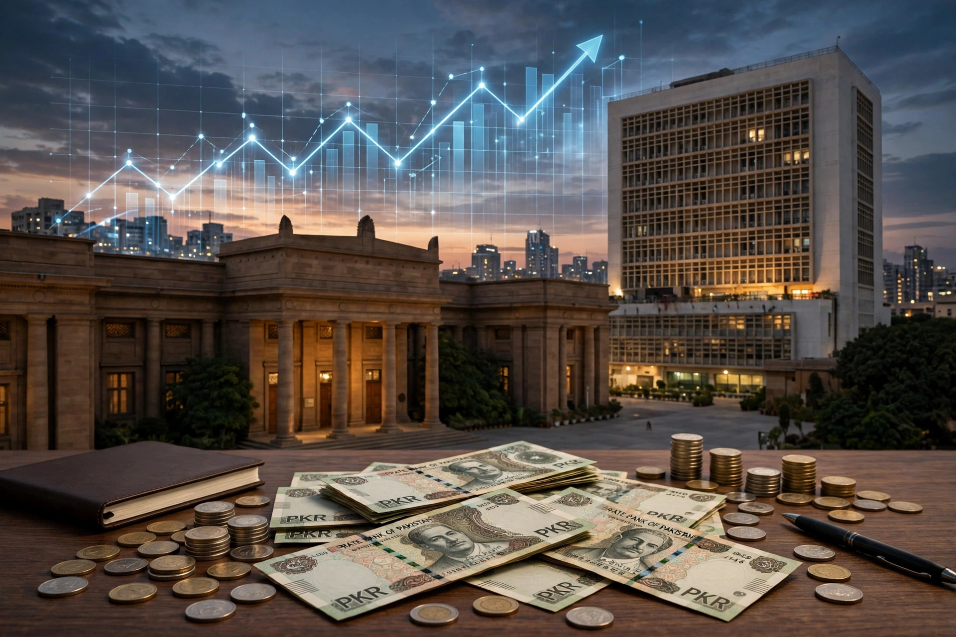 AI-generated illustration of a central bank building in Karachi at dusk with an upward interest-rate graph in the sky and Pakistani rupee notes on a desk in the foreground