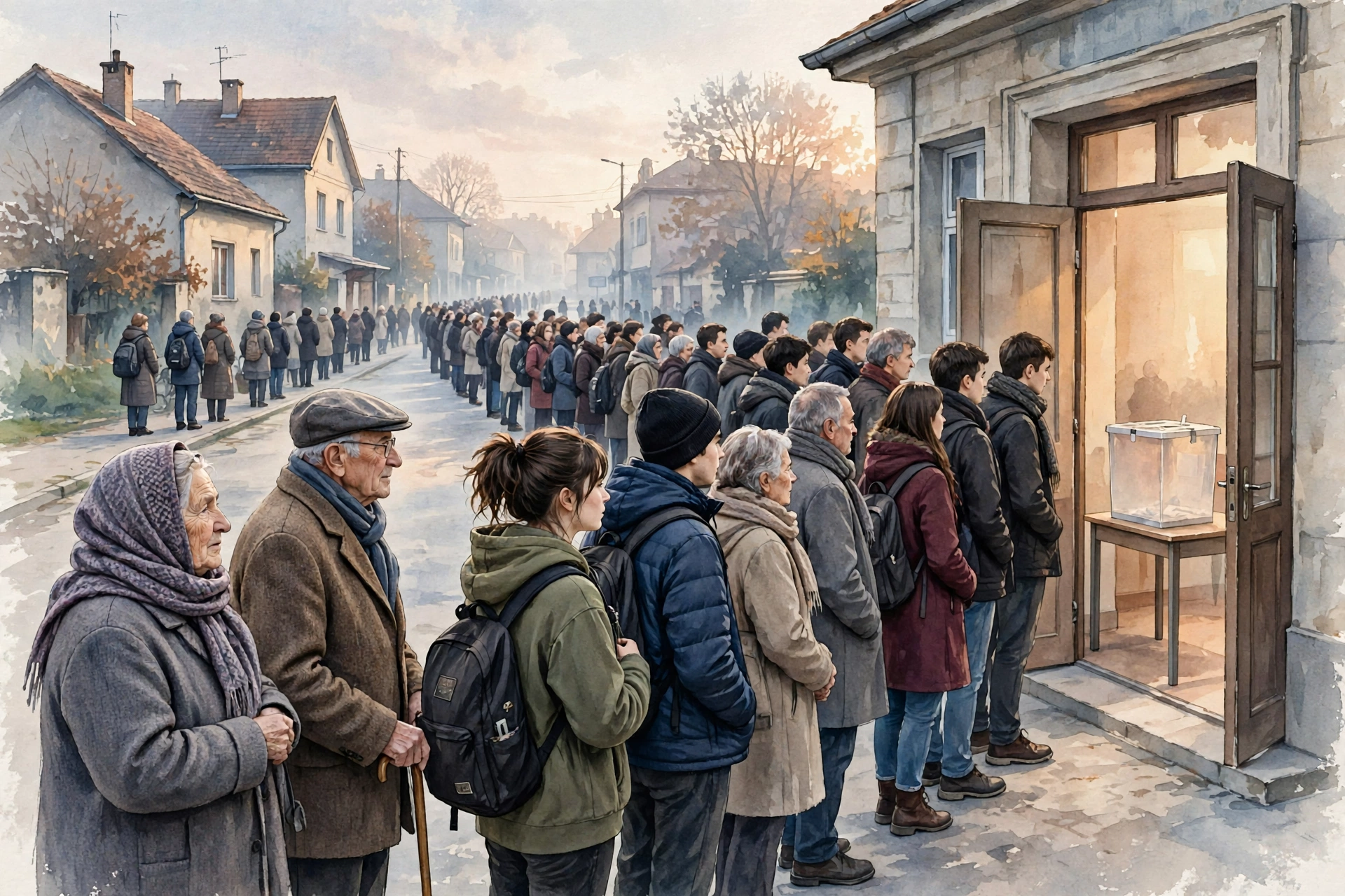 AI-generated illustration of a long queue of voters outside a Serbian polling station at dawn, students and pensioners waiting together