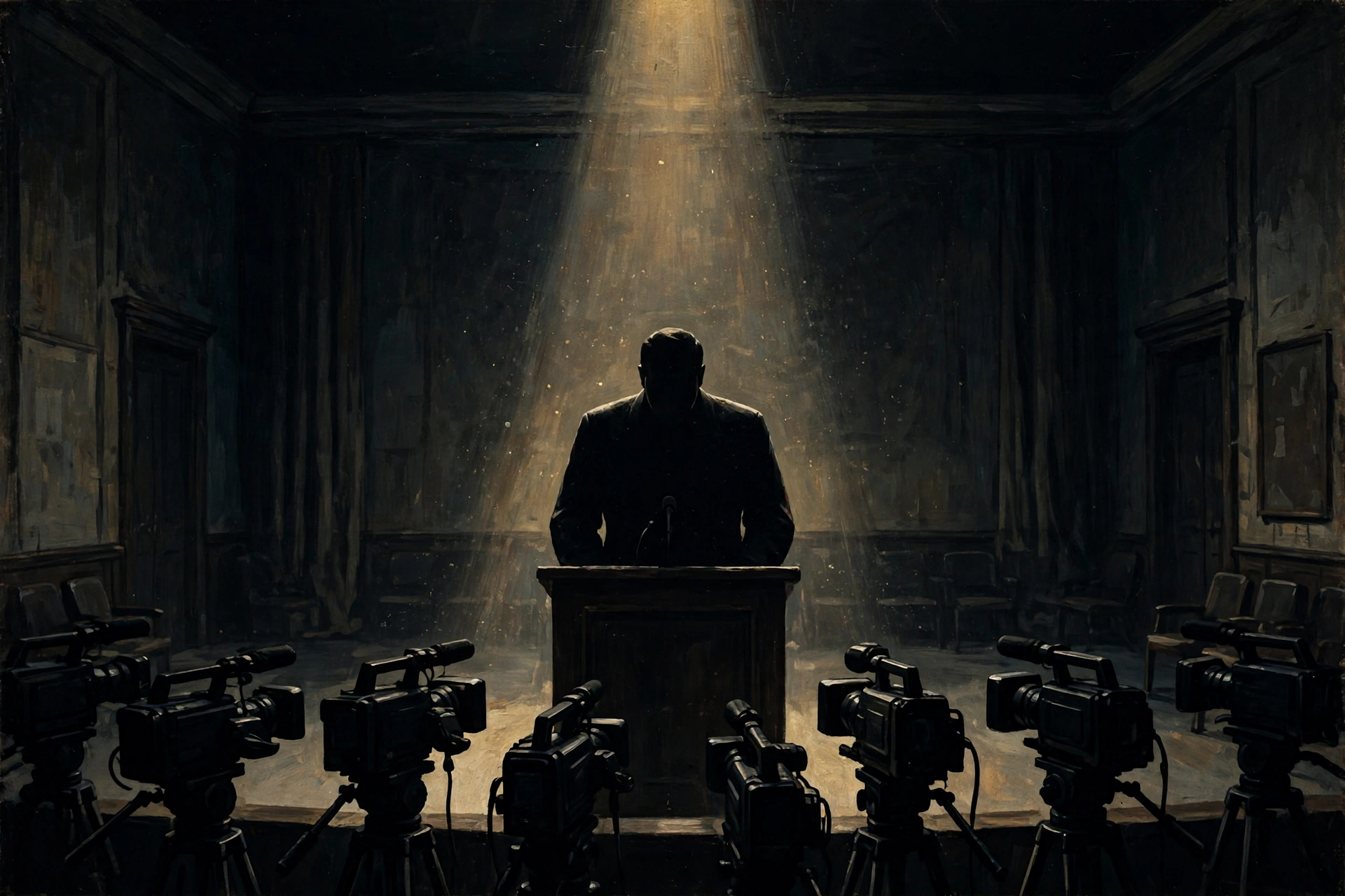 AI-generated illustration of a lone political leader silhouetted at a podium in a dark, empty party headquarters under a single spotlight