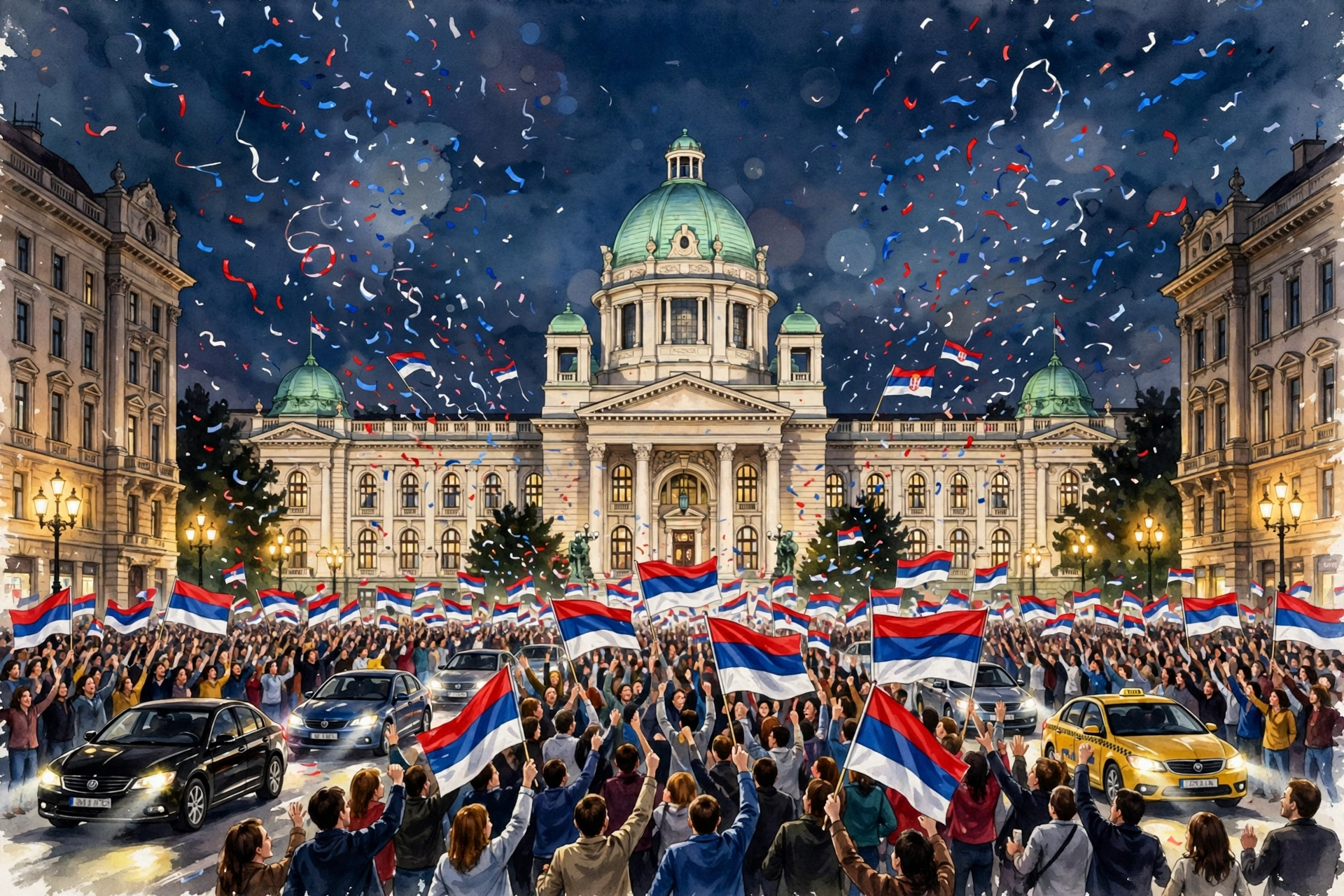 AI-generated illustration of huge crowds celebrating at night on a Belgrade boulevard, waving Serbian flags as confetti falls in front of the parliament building