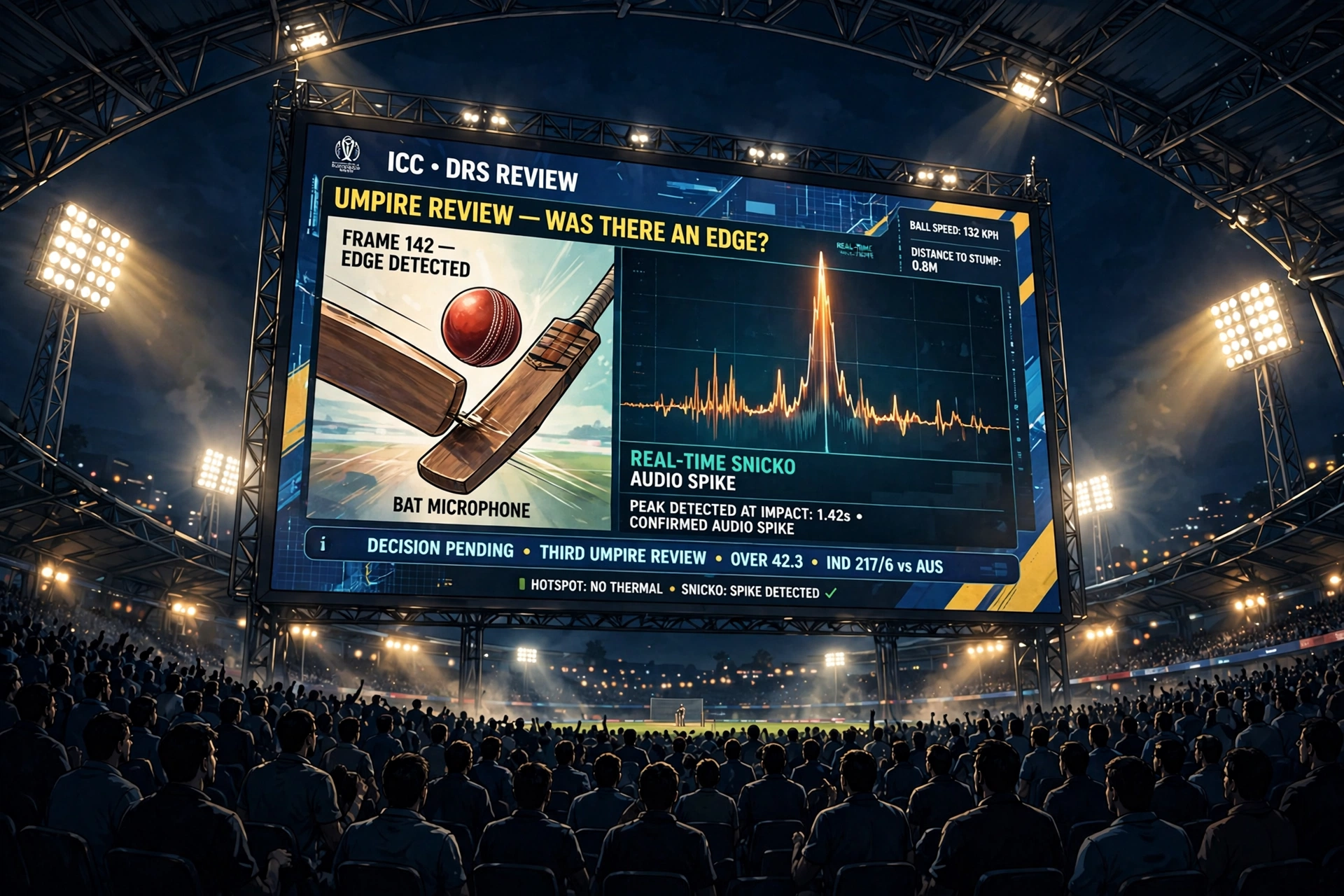 AI-generated illustration of a stadium screen showing a cricket review graphic, a ball passing a bat's edge with a sound-wave spike, tense crowd below