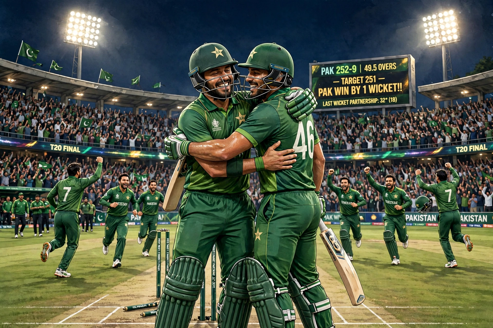 AI-generated illustration of two cricket batsmen in green kits embracing on a floodlit pitch after a last-wicket winning partnership, teammates running in