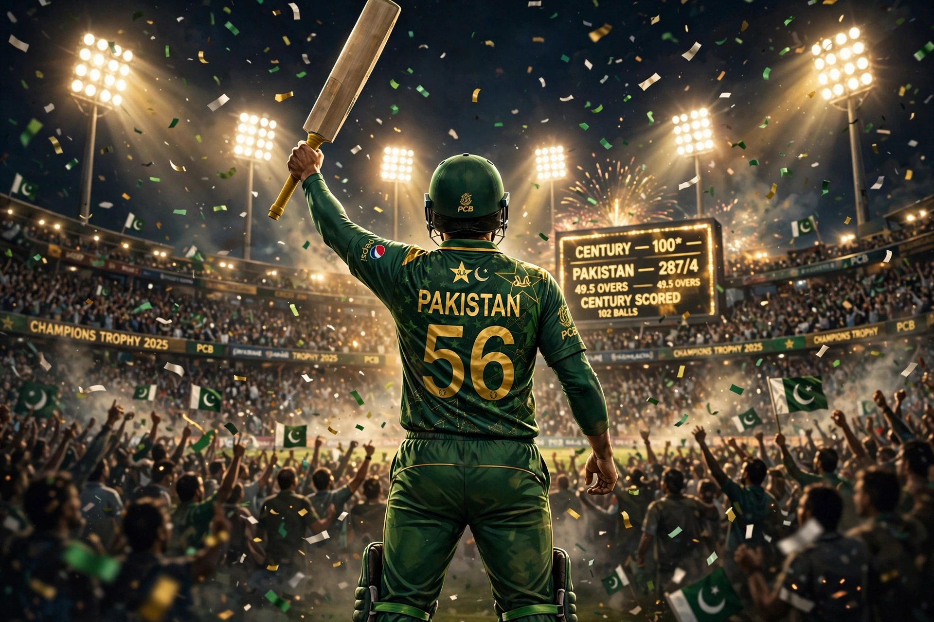 AI-generated illustration of a cricket batsman in a green Pakistan-style jersey raising his bat to a floodlit stadium crowd at night after a century, seen from behind