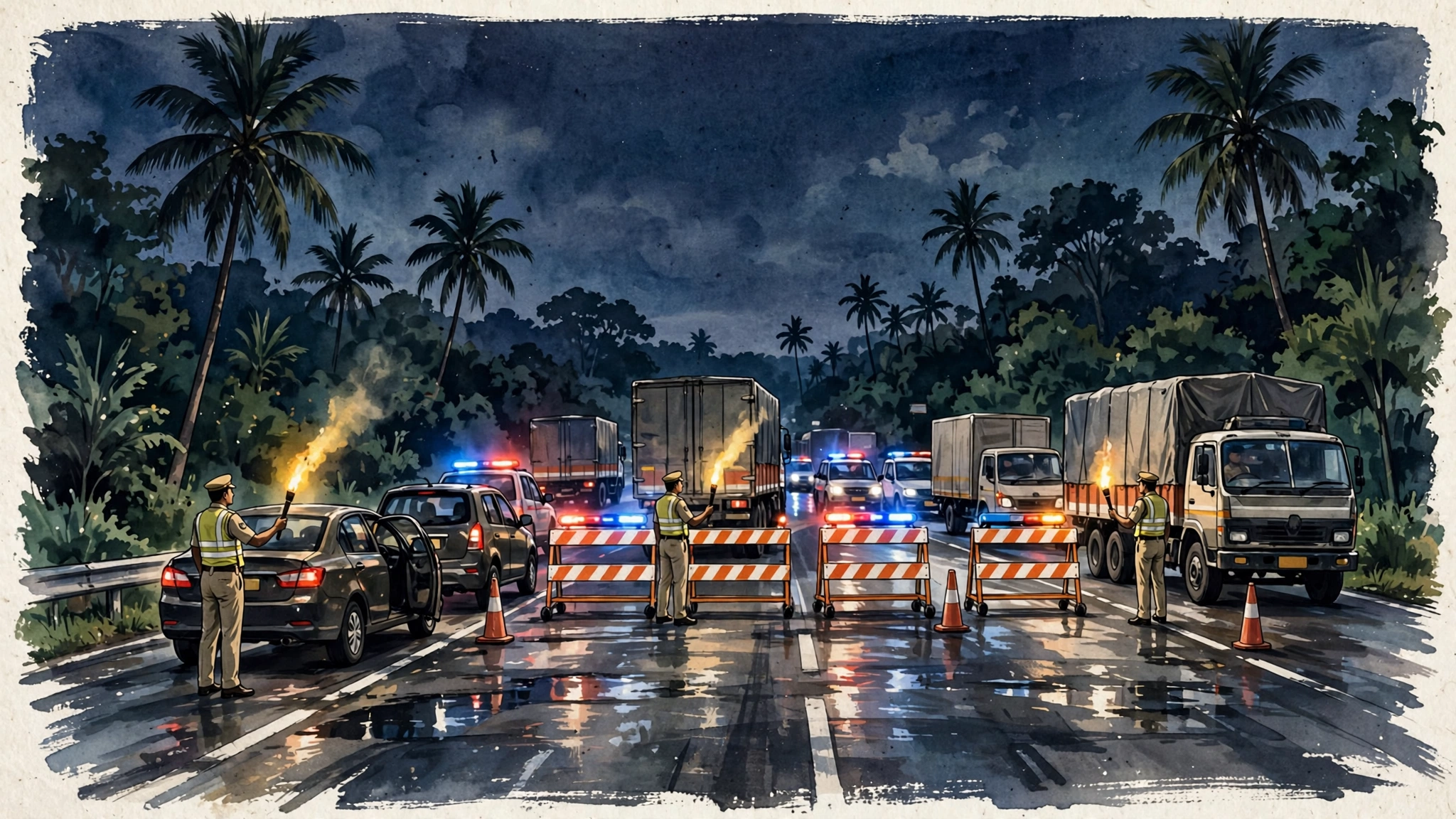 AI-generated illustration of a police vehicle checkpoint on a South Indian highway at night during the manhunt that followed the Theni jailbreak
