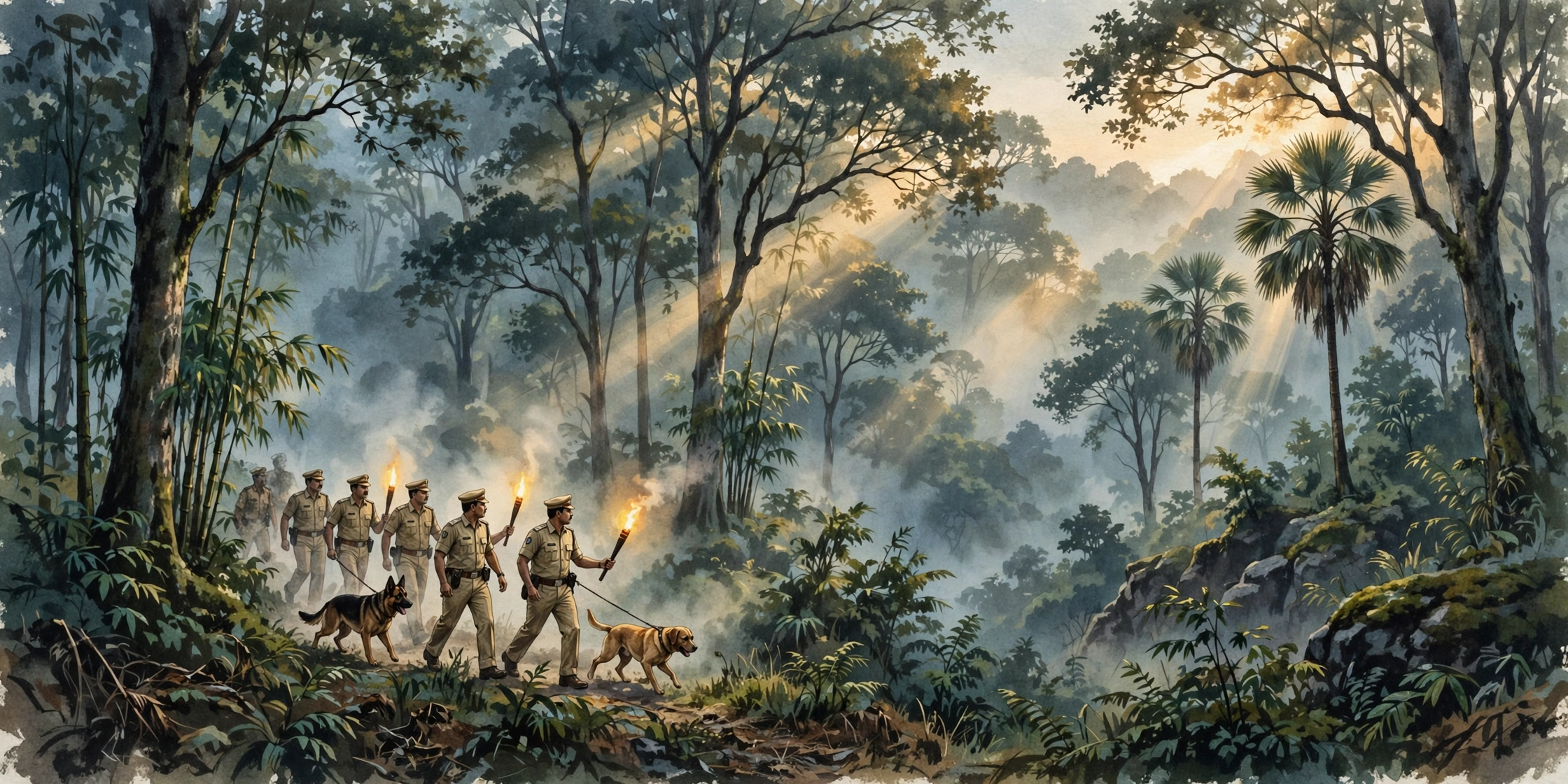 AI-generated illustration of a police search team with torches combing a misty forest at dawn for inmates who escaped in the Theni jailbreak