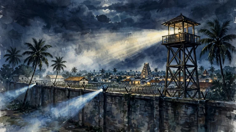 AI-generated illustration of a prison watchtower and high wall at night with sweeping searchlights in Tamil Nadu, illustrating the Theni jailbreak