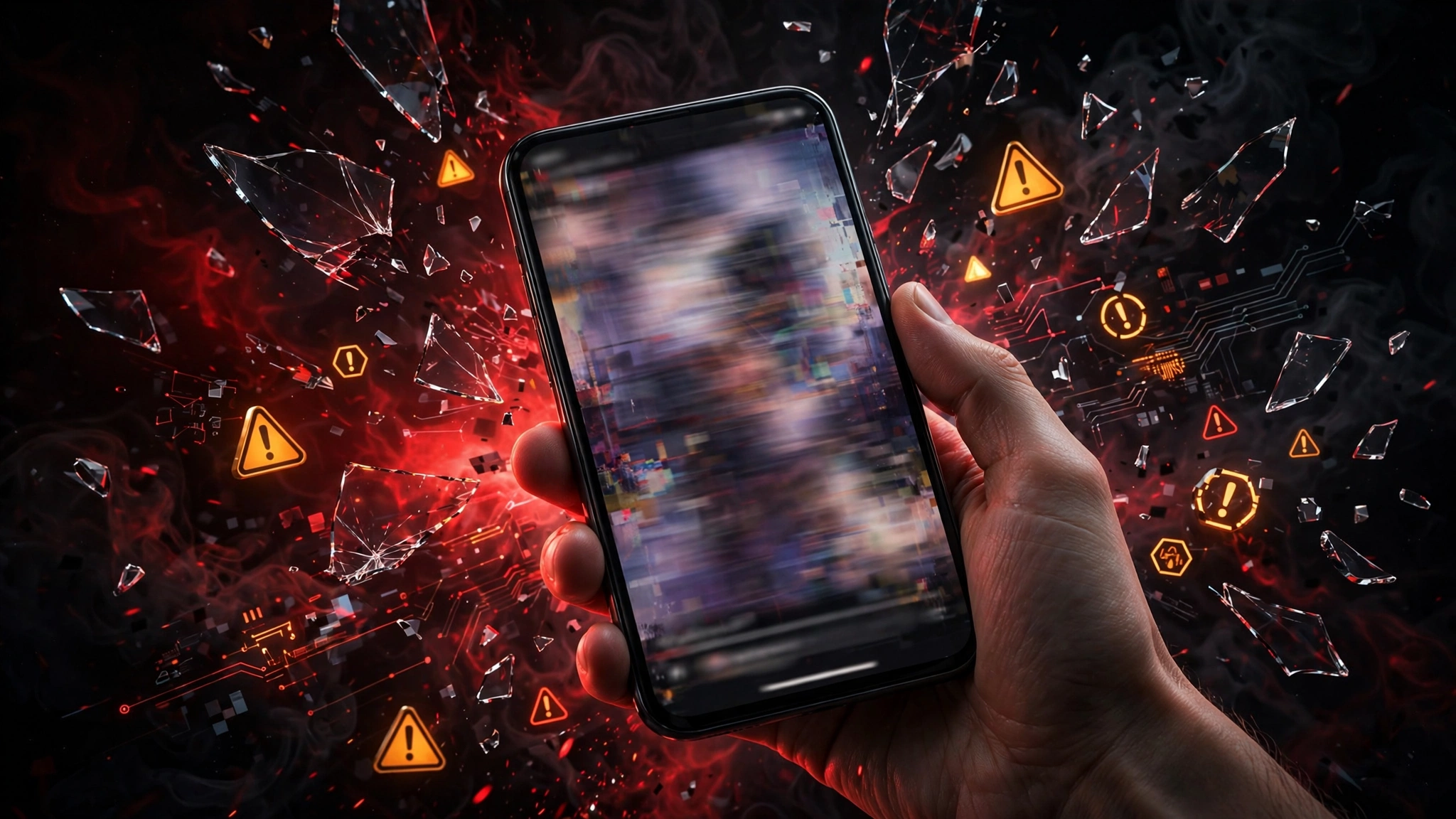 AI-generated illustration of a smartphone playing a fake celebrity video, ringed by warning symbols, symbolising AI-generated misinformation