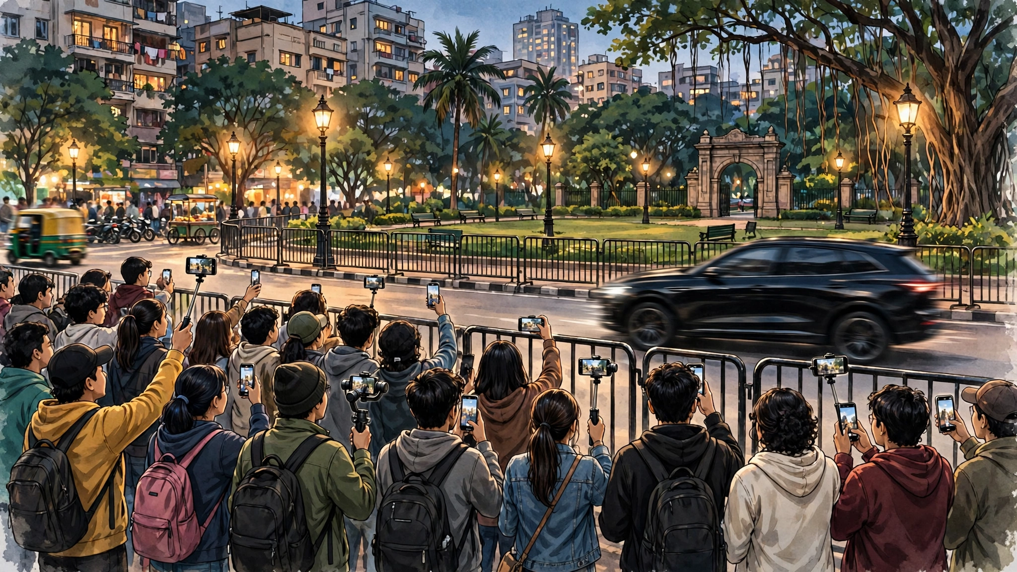 AI-generated illustration of fans and phone vloggers behind barricades outside a Mumbai park in the evening, filming with smartphones