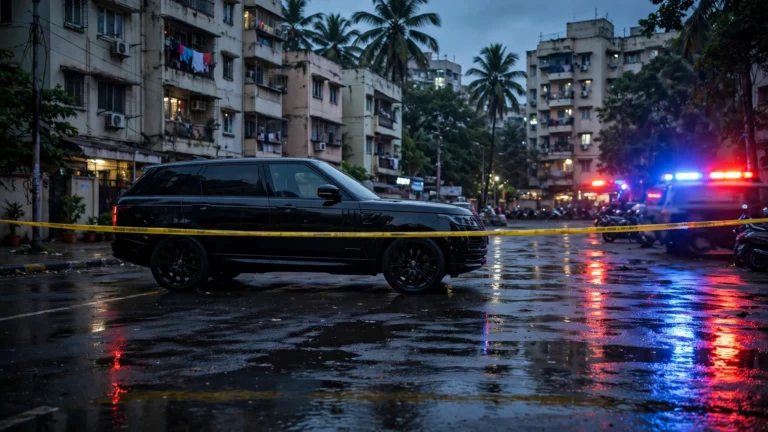 AI-generated illustration of a black luxury SUV behind police tape on a Mumbai street at dusk, police lights reflecting on wet pavement