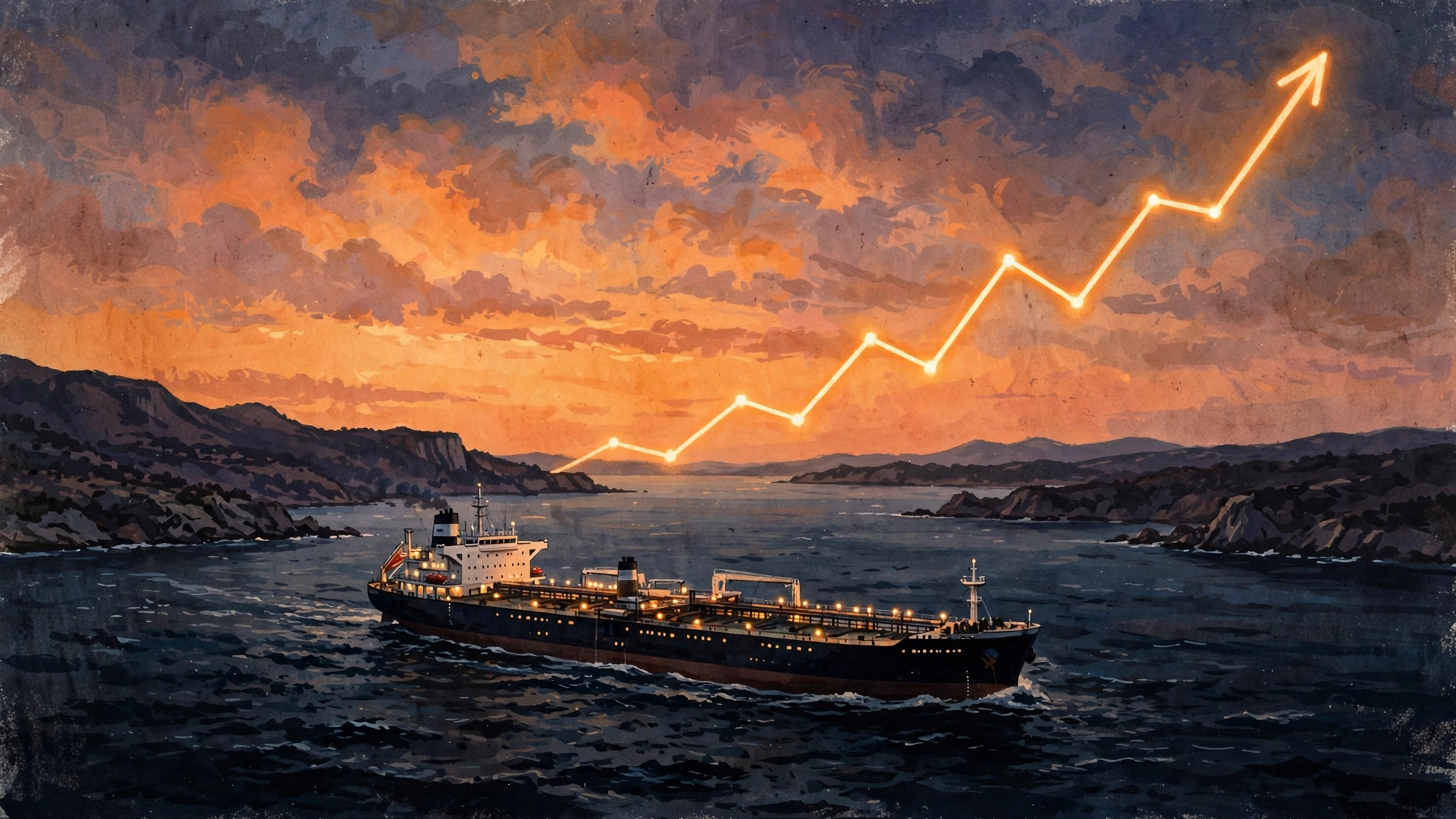 AI-generated illustration of an oil tanker crossing a Gulf strait at dusk beneath a rising oil-price line, illustrating the Iran war's effect on oil prices